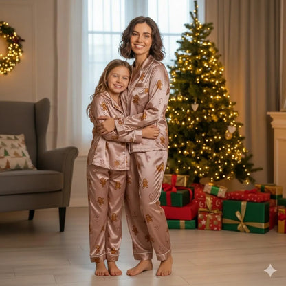 Pink Gingerbread Satin Christmas Pajama Set – Sweet Holiday Sleepwear Gift for Women