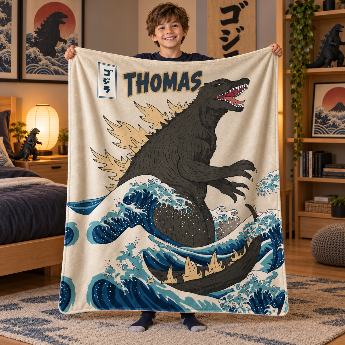 Custom Name Japanese Kaiju Wave Monster Blanket