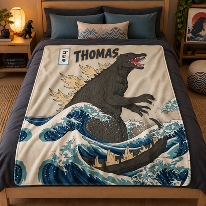 Custom Name Japanese Kaiju Wave Monster Blanket