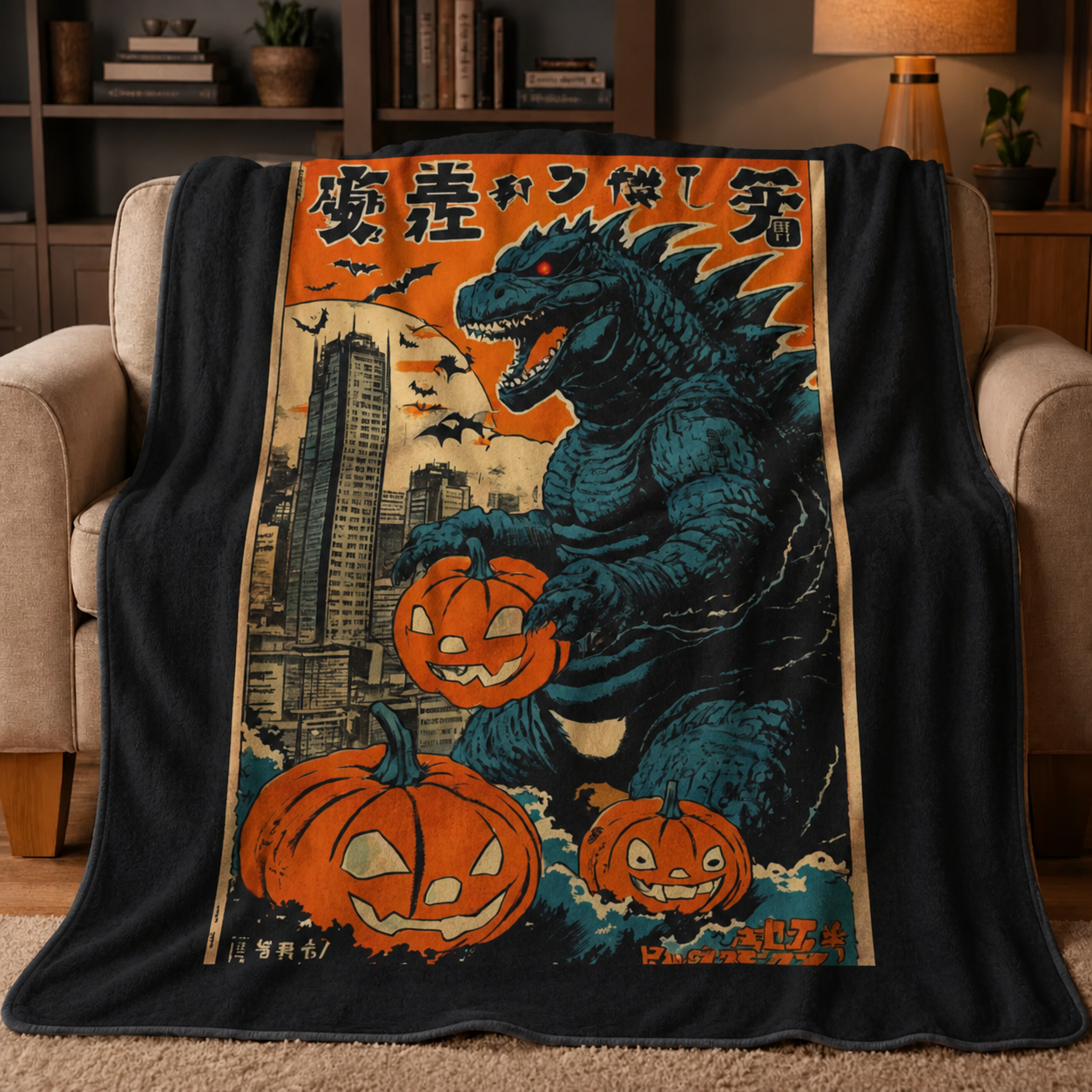 Retro Halloween Monster City Pumpkin Blanket