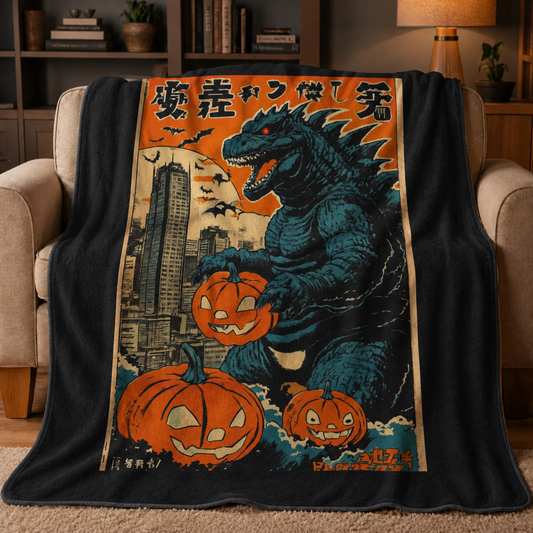 Retro Halloween Monster City Pumpkin Blanket