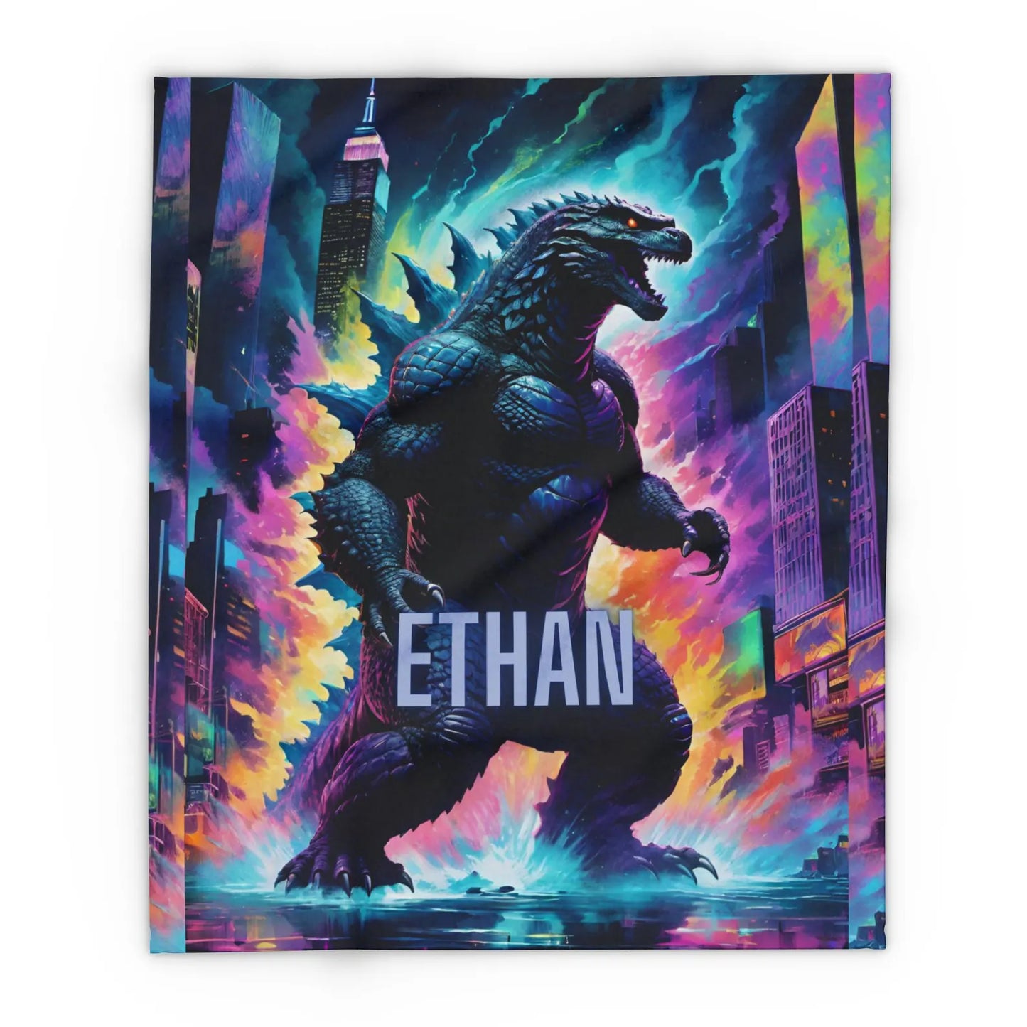 Custom Name Giant Neon Beast City Skyline Blanket