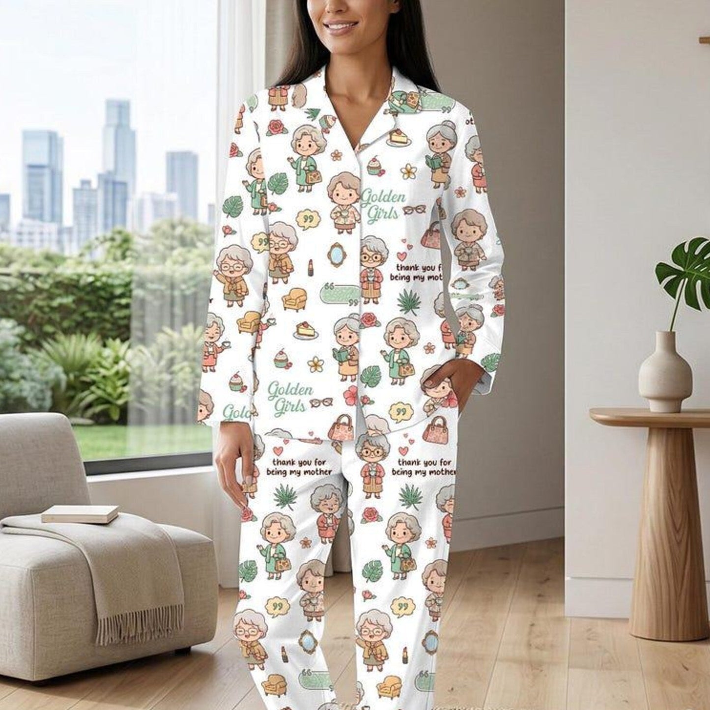 The Stay Golden Retro TV Sitcom Satin Pajama Set – Short Sleeve & Long Pants Sleepwear for Women