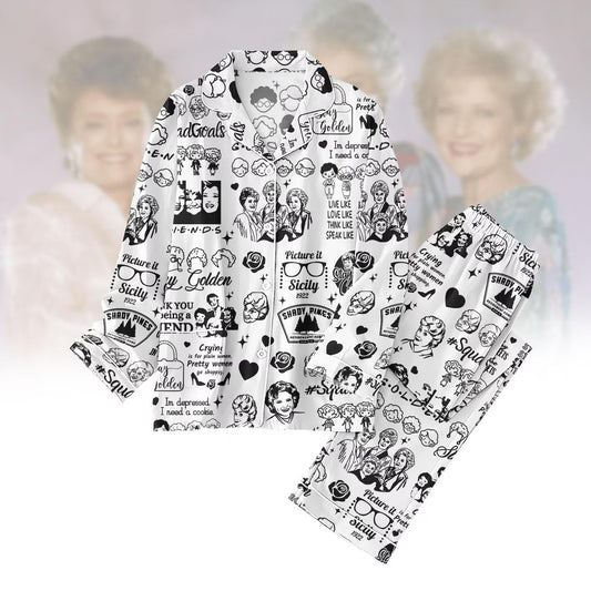The Stay Golden Retro 80s TV Sitcom Satin Pajamas Full Set – Long Sleeve & Long Pants Sleepwear for Women
