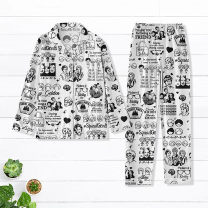 The Stay Golden Retro 80s TV Sitcom Satin Pajamas Full Set – Long Sleeve & Long Pants Sleepwear for Women