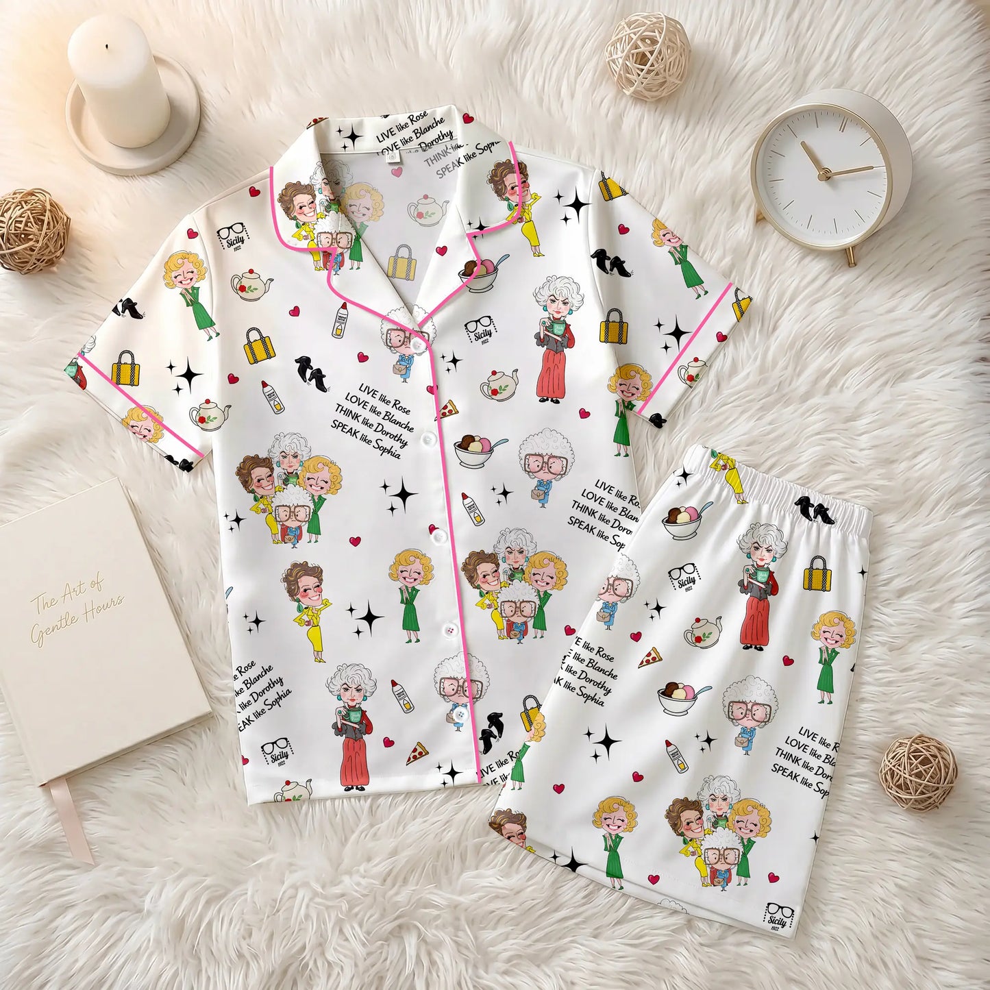 The Stay Golden Retro 80s TV Sitcom Satin Pajama Set – Long & Short Styles Luxury Sleepwear for Women