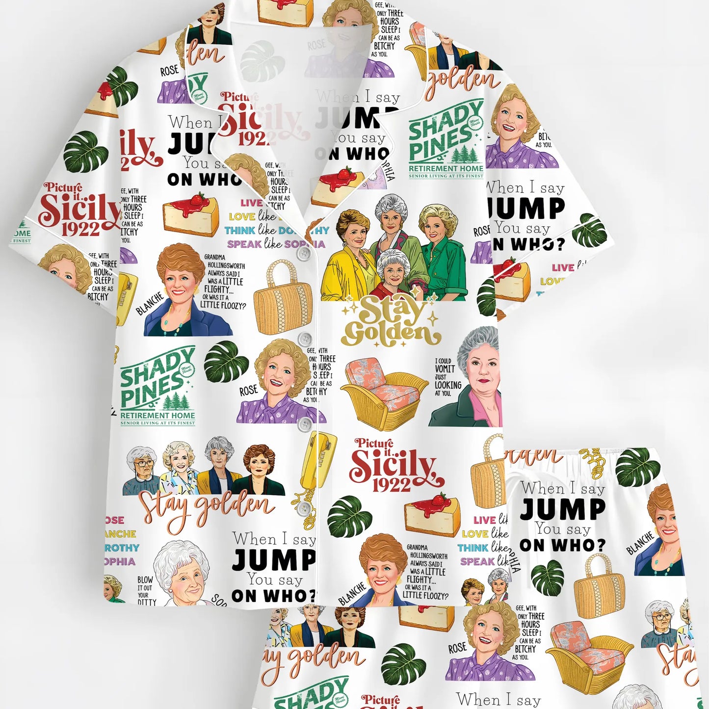 The Shady Pines Retro TV Sitcom Satin Pajama Set – Long & Short Styles Funny Gift for Mom and Grandma