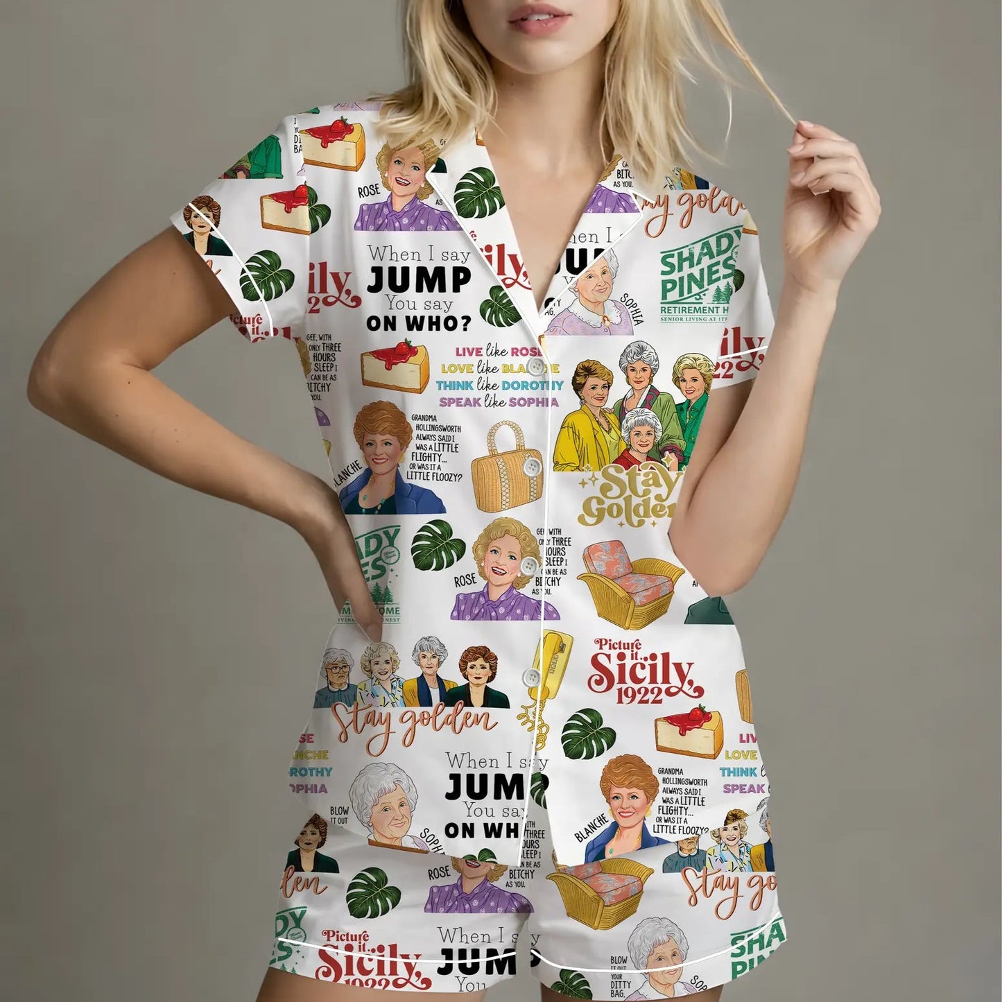 The Shady Pines Retro TV Sitcom Satin Pajama Set – Long & Short Styles Funny Gift for Mom and Grandma