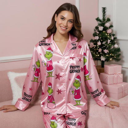 Preppy Pink Green Monster Satin Christmas Pajama Set – Funny Girly Holiday Sleepwear Gift
