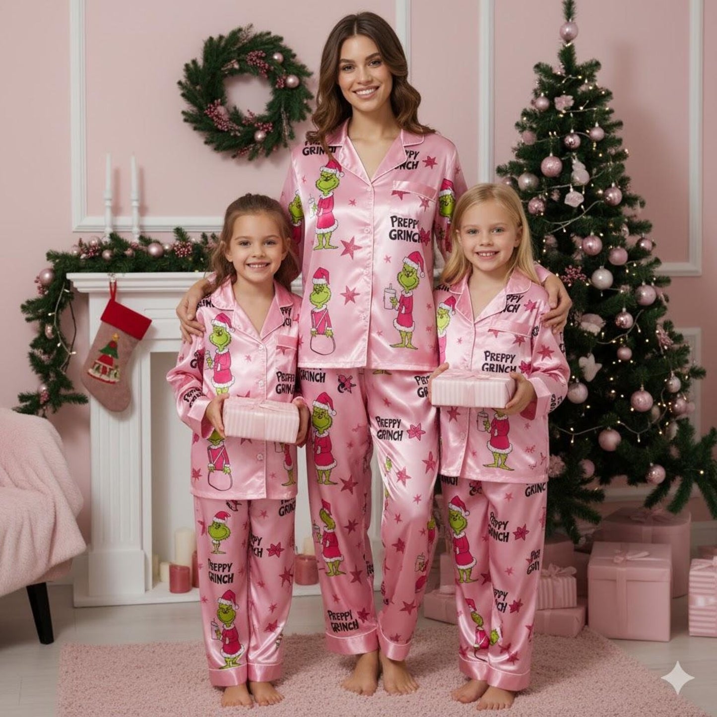 Preppy Pink Green Monster Satin Christmas Pajama Set – Funny Girly Holiday Sleepwear Gift