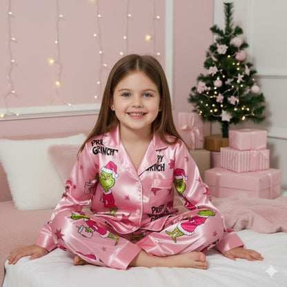 Preppy Pink Green Monster Satin Christmas Pajama Set – Funny Girly Holiday Sleepwear Gift