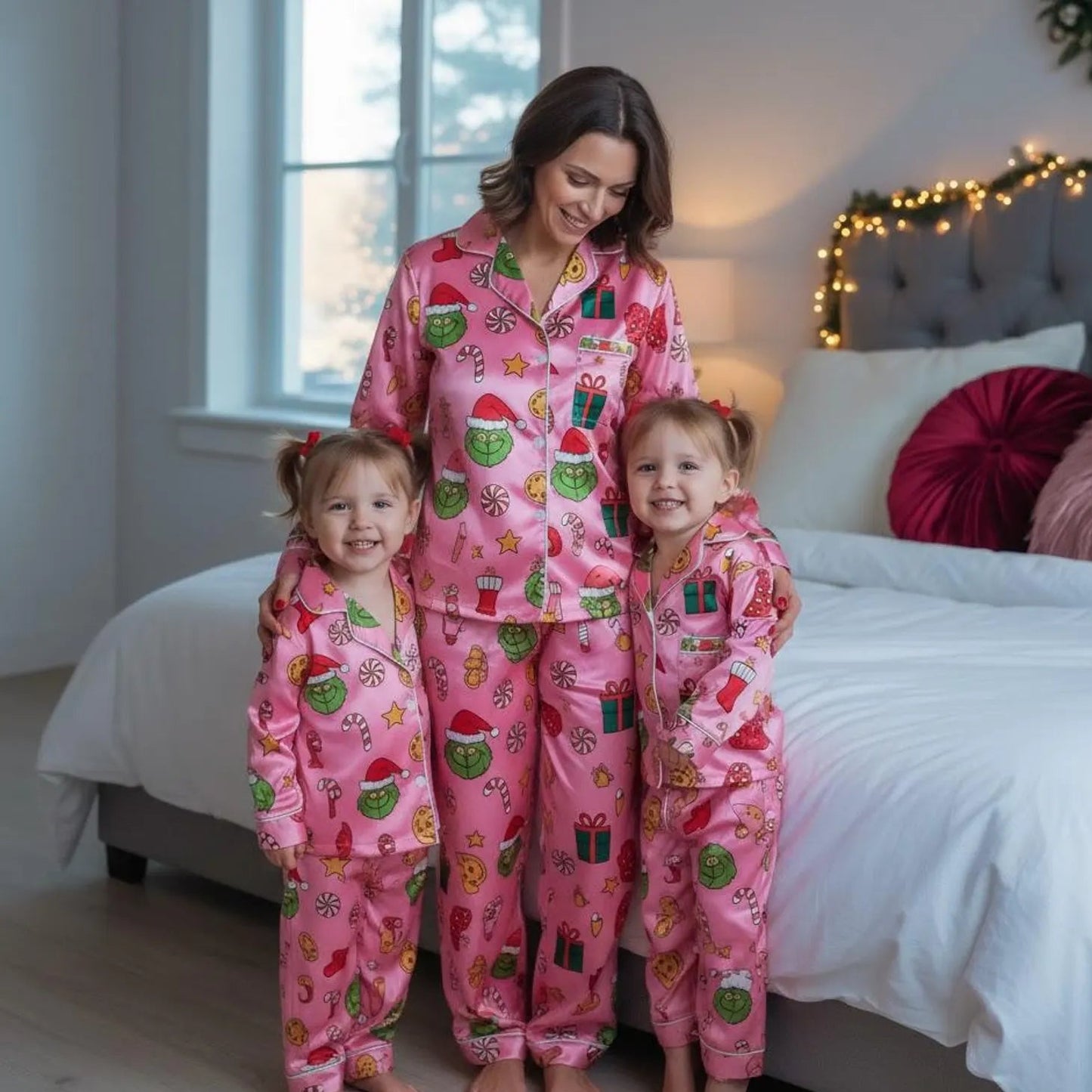 Pink Holiday Family Pajama Set – Funny Matching Christmas Satin Sleepwear for Women and Kids