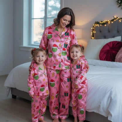 Pink Holiday Family Pajama Set – Funny Matching Christmas Satin Sleepwear for Women and Kids