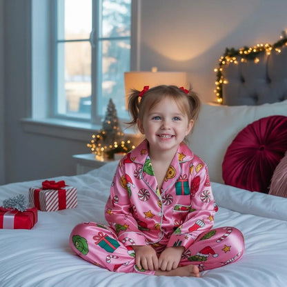 Pink Holiday Family Pajama Set – Funny Matching Christmas Satin Sleepwear for Women and Kids