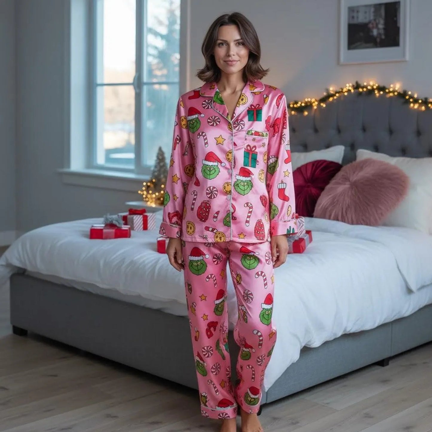 Pink Holiday Family Pajama Set – Funny Matching Christmas Satin Sleepwear for Women and Kids