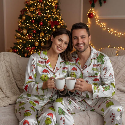 Green Monster Satin Christmas Pajama Set – Funny Matching Holiday Sleepwear for the Whole Family