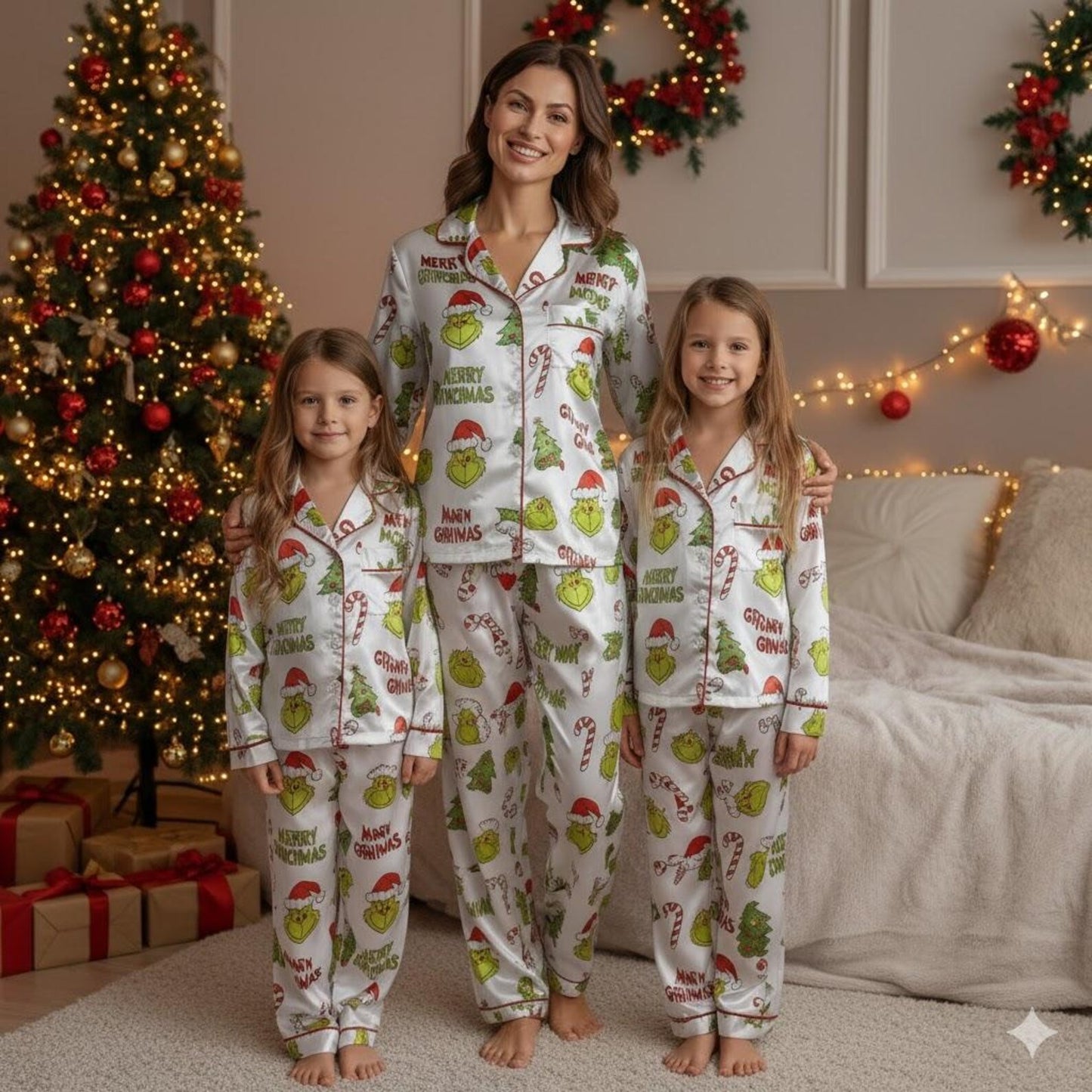 Green Monster Satin Christmas Pajama Set – Funny Matching Holiday Sleepwear for the Whole Family