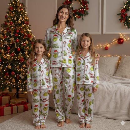 Green Monster Satin Christmas Pajama Set – Funny Matching Holiday Sleepwear for the Whole Family
