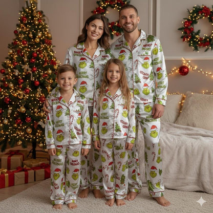 Green Monster Satin Christmas Pajama Set – Funny Matching Holiday Sleepwear for the Whole Family
