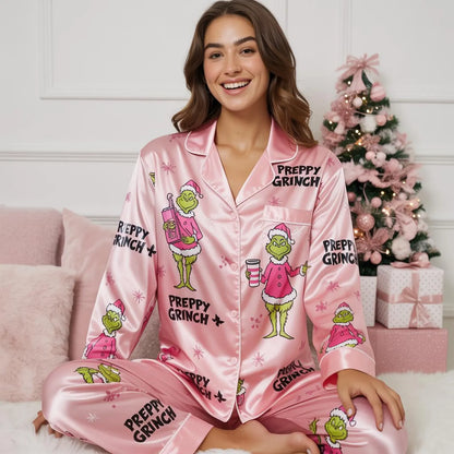Preppy Pink Green Monster Satin Christmas Pajama Set – Funny Girly Holiday Sleepwear Gift