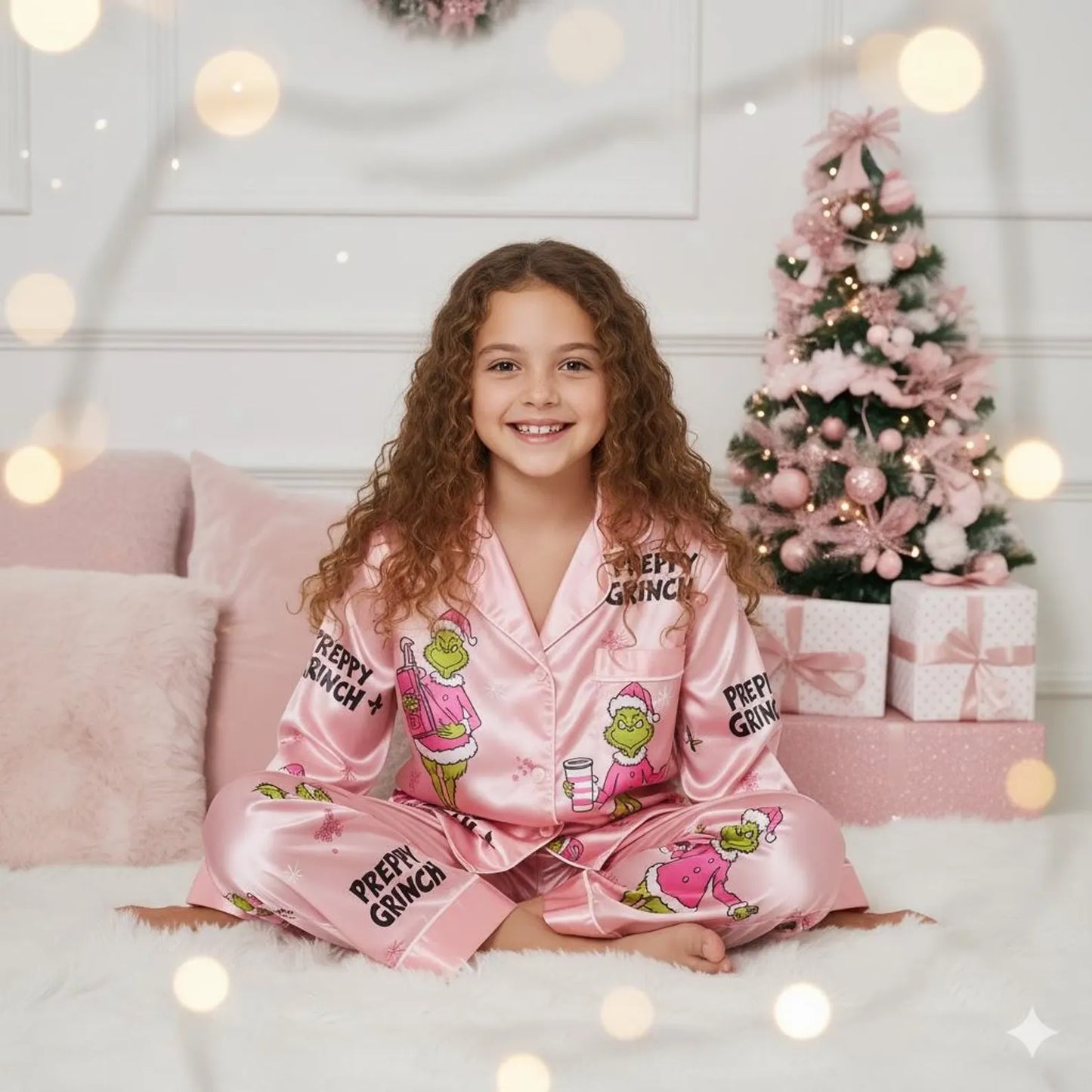 Preppy Pink Green Monster Satin Christmas Pajama Set – Funny Girly Holiday Sleepwear Gift