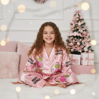 Preppy Pink Green Monster Satin Christmas Pajama Set – Funny Girly Holiday Sleepwear Gift