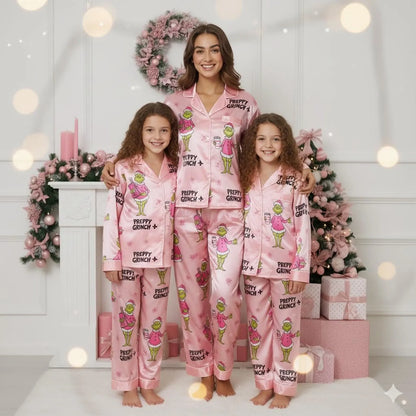 Preppy Pink Green Monster Satin Christmas Pajama Set – Funny Girly Holiday Sleepwear Gift