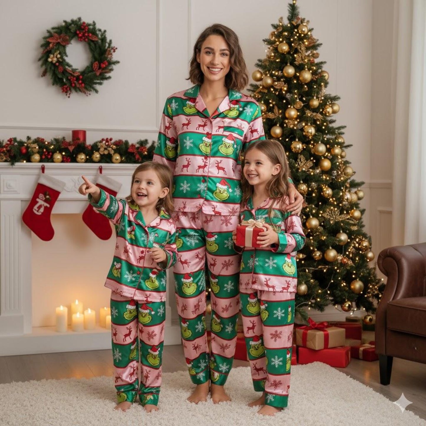 Green Monster Stripe Satin Christmas Pajama Set – Funny Matching Holiday Sleepwear for the Whole Family