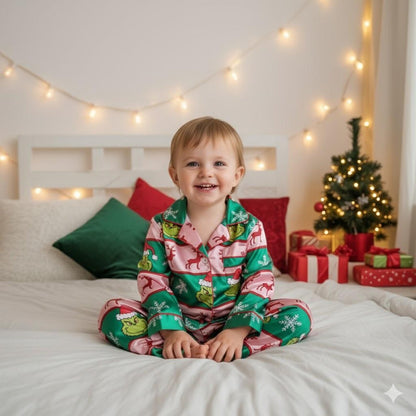 Green Monster Stripe Satin Christmas Pajama Set – Funny Matching Holiday Sleepwear for the Whole Family
