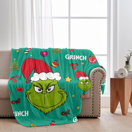 Funny Green Christmas Character Blanket – Cozy Holiday Throw with Santa Hat Design for Kids & Adults