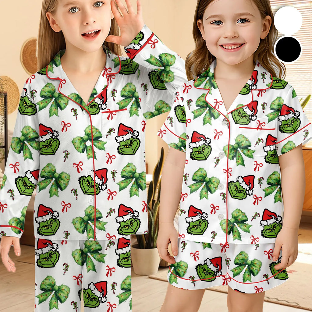 Funny Green Monster Coquette Bow Christmas Pajama Set – Cozy Holiday Loungewear, Family Matching Xmas PJs