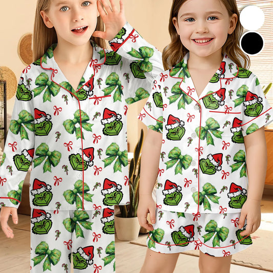 Funny Green Monster Coquette Bow Christmas Pajama Set – Cozy Holiday Loungewear, Family Matching Xmas PJs