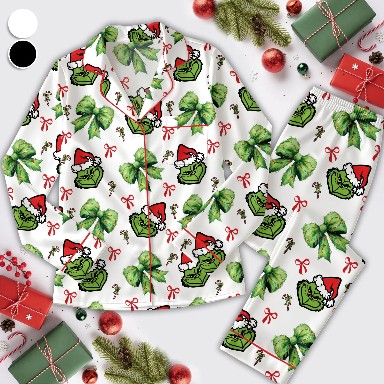 Funny Green Monster Coquette Bow Christmas Pajama Set – Cozy Holiday Loungewear, Family Matching Xmas PJs