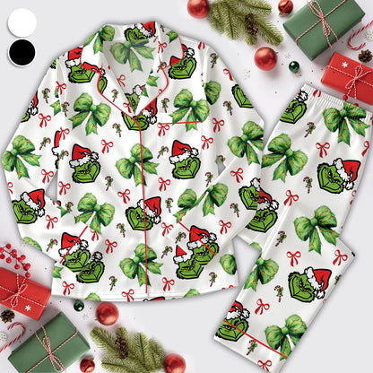 Funny Green Monster Coquette Bow Christmas Pajama Set – Cozy Holiday Loungewear, Family Matching Xmas PJs