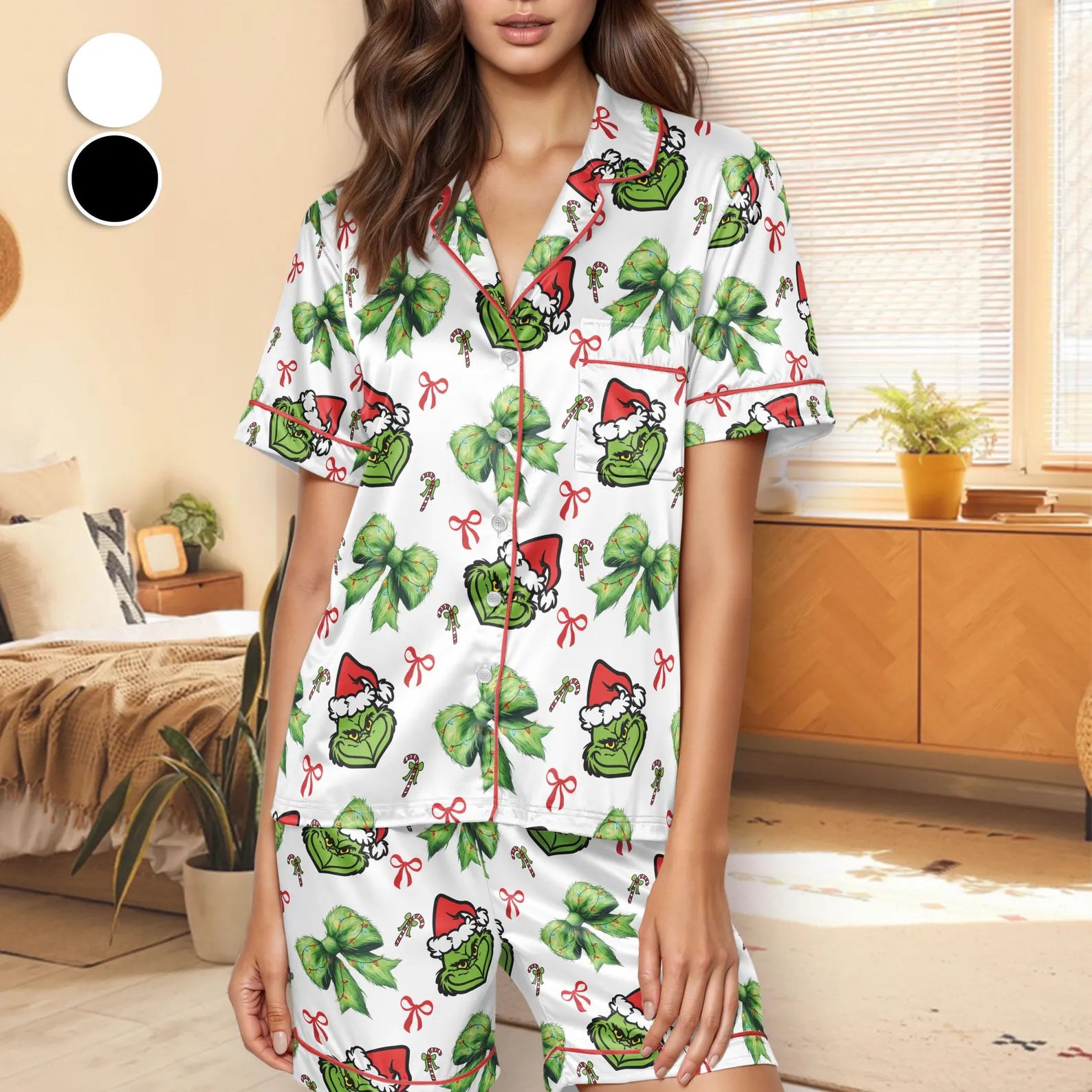 Funny Green Monster Coquette Bow Christmas Pajama Set – Cozy Holiday Loungewear, Family Matching Xmas PJs