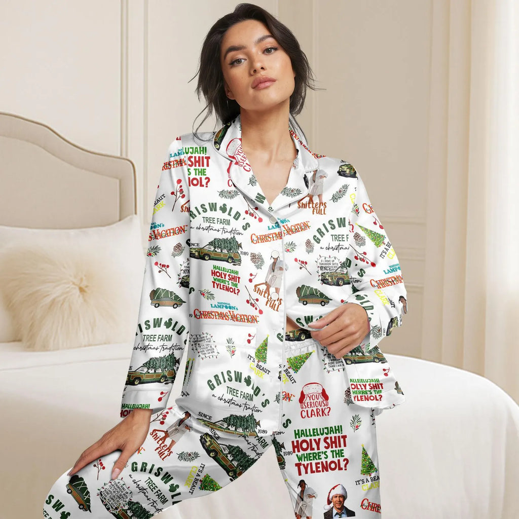 Vintage Holiday Satin Pajama Set Cozy Christmas Sleepwear Winter Nightwear Gift