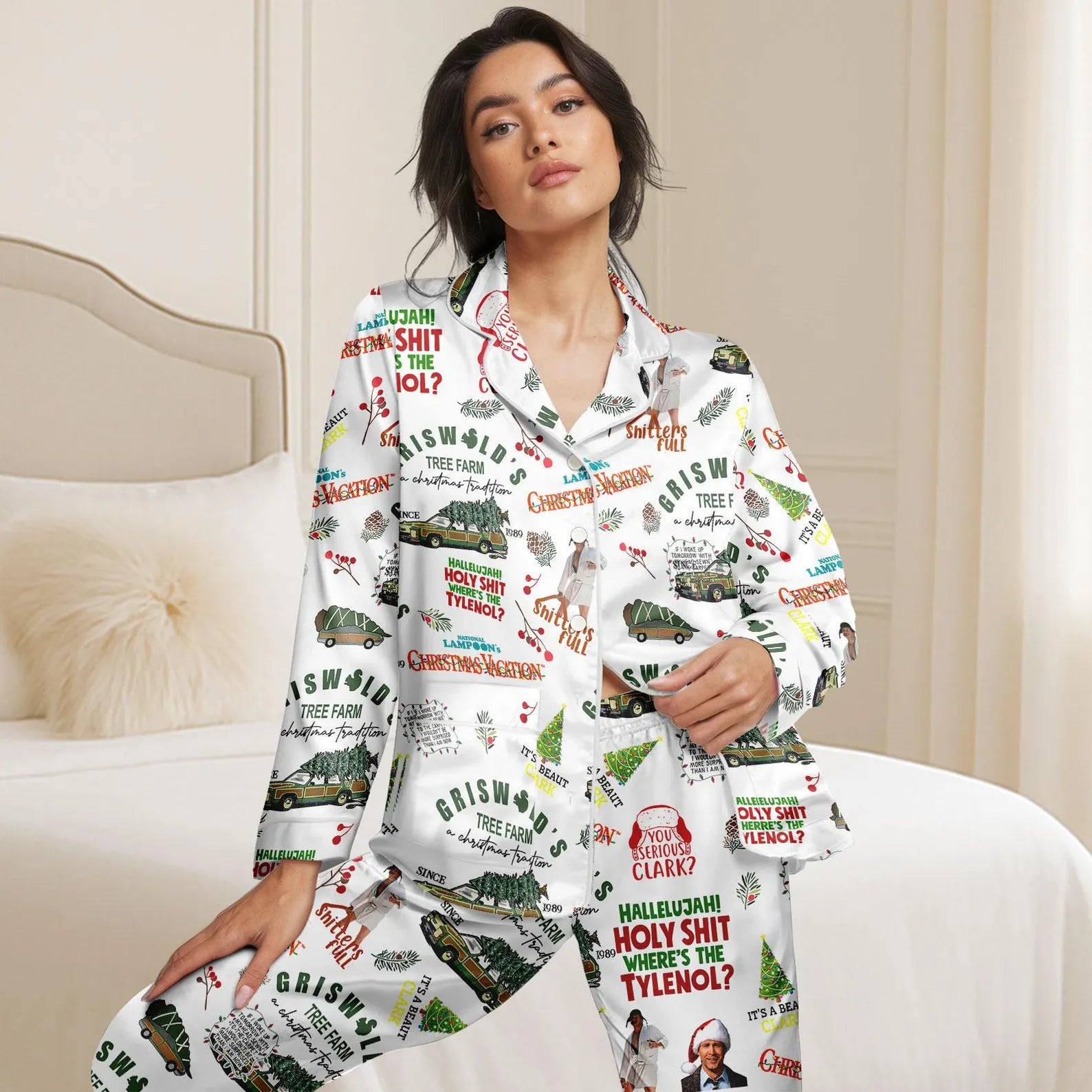 Vintage Holiday Satin Pajama Set Cozy Christmas Sleepwear Winter Nightwear Gift