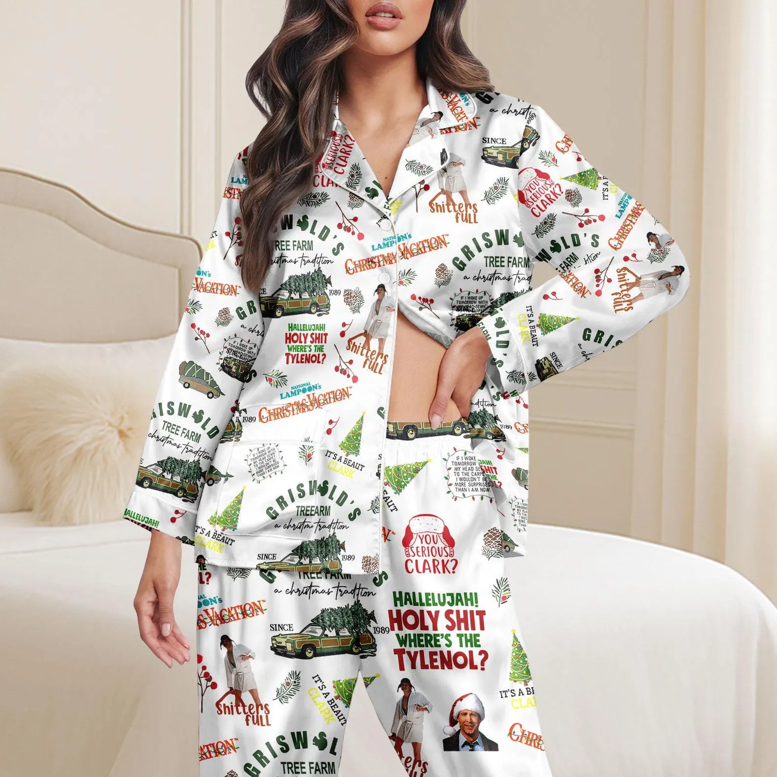Vintage Holiday Satin Pajama Set Cozy Christmas Sleepwear Winter Nightwear Gift
