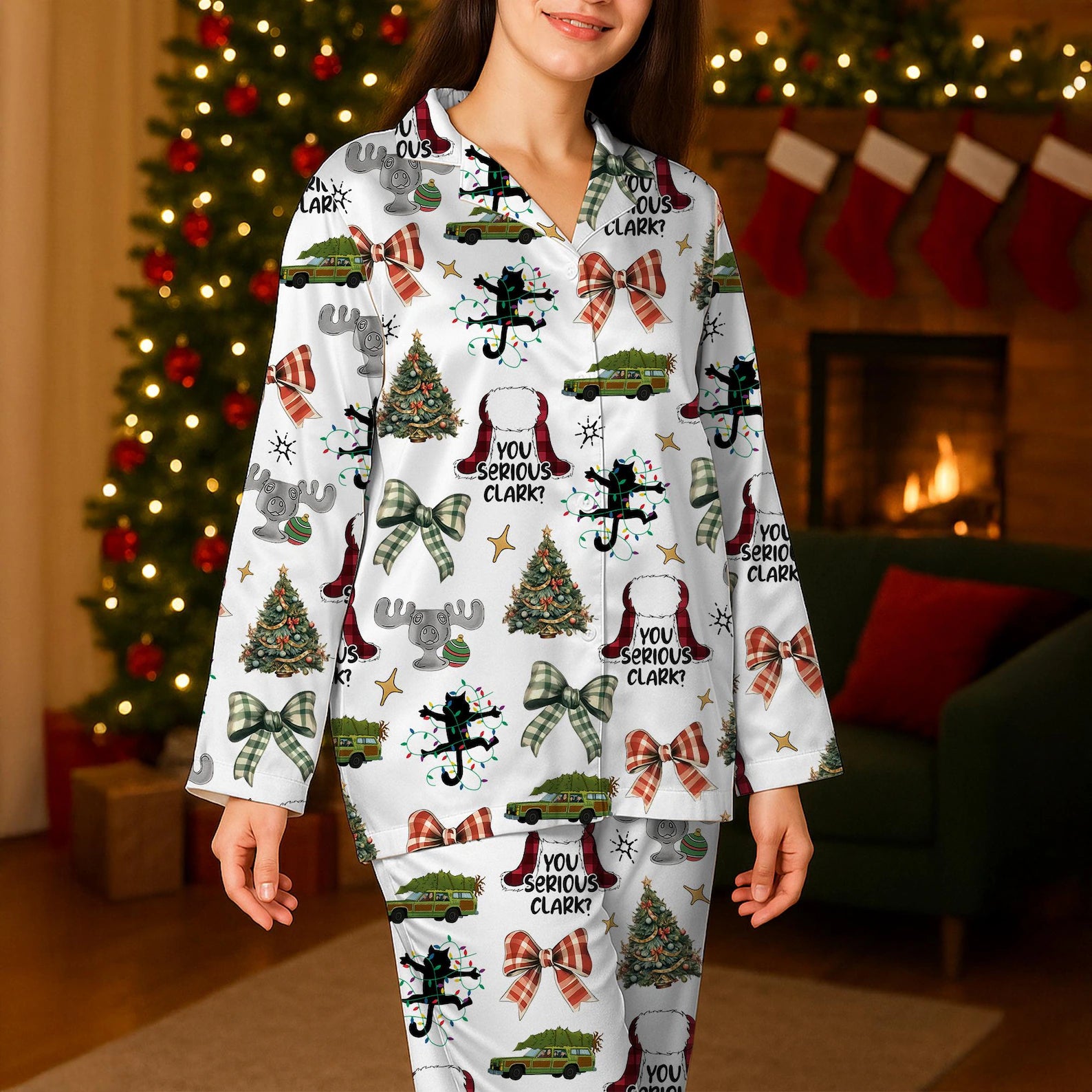 Vintage Christmas Tree Farm Inspired Pajama Set, Satin Holiday Sleepwear, Cozy Winter PJs Gift for Women