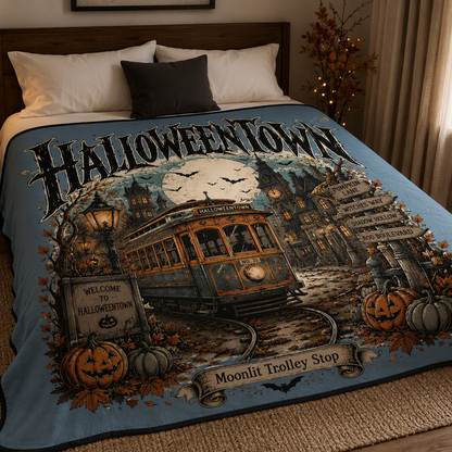 Vintage Halloweentown Trolley Blanket Moonlit Trolley Stop Autumn Throw
