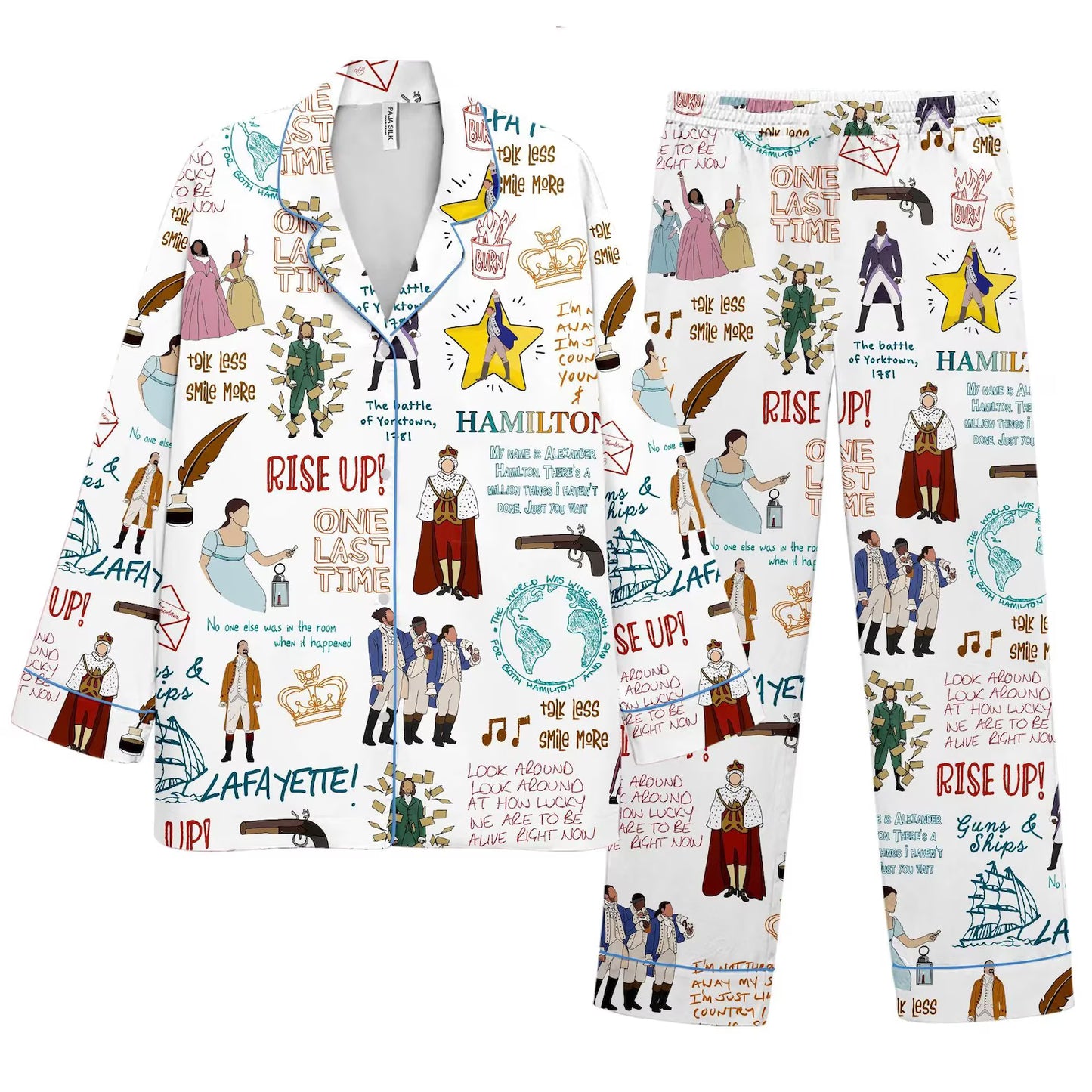 Hamilt Style White Cartoon Pajama Set, Funny Pattern Satin Sleepwear Gift, Cute Comfortable Loungewear for Women