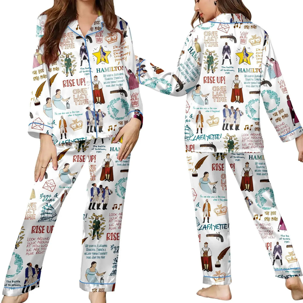 Hamilt Style White Cartoon Pajama Set, Funny Pattern Satin Sleepwear Gift, Cute Comfortable Loungewear for Women