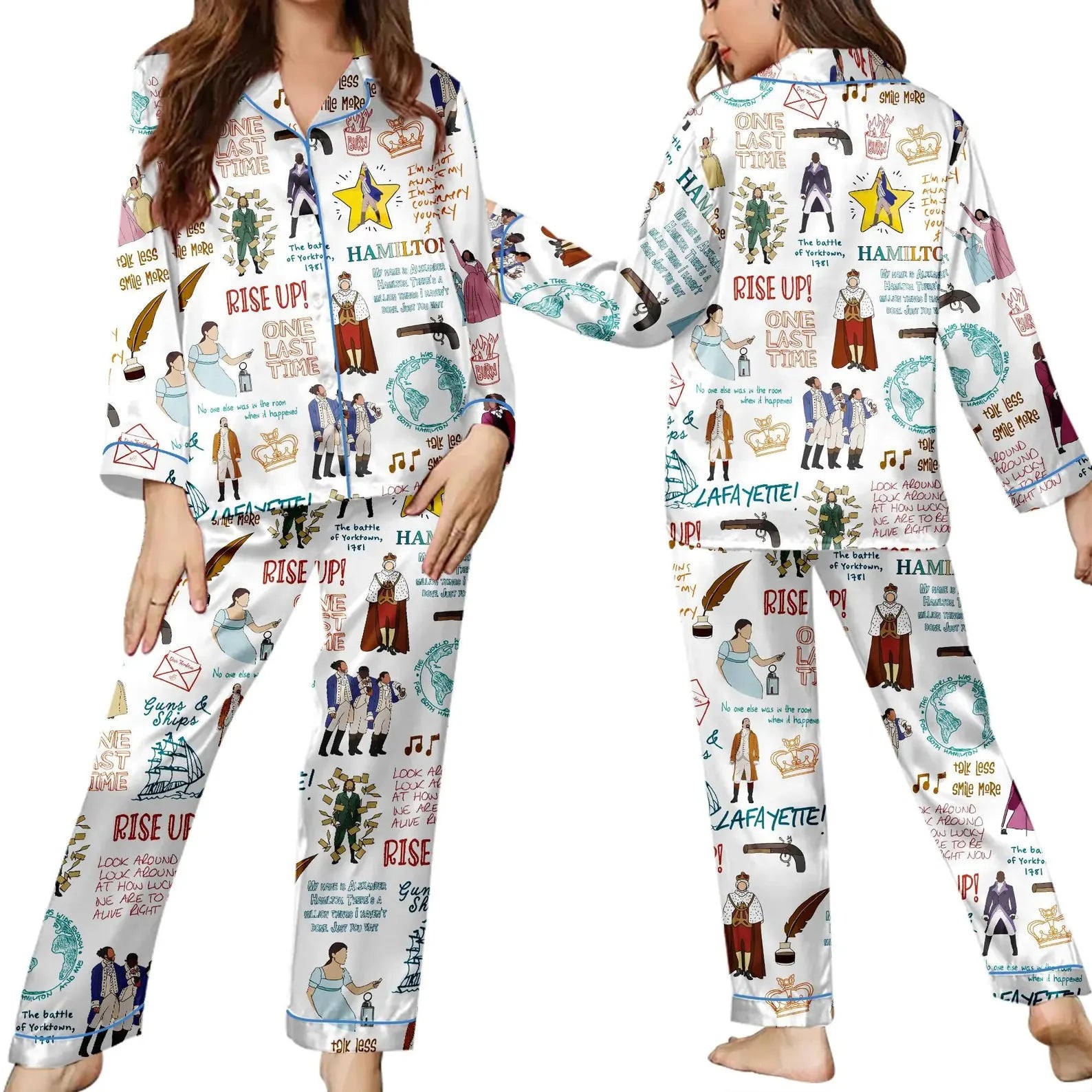 Hamilt Style White Cartoon Pajama Set, Funny Pattern Satin Sleepwear Gift, Cute Comfortable Loungewear for Women