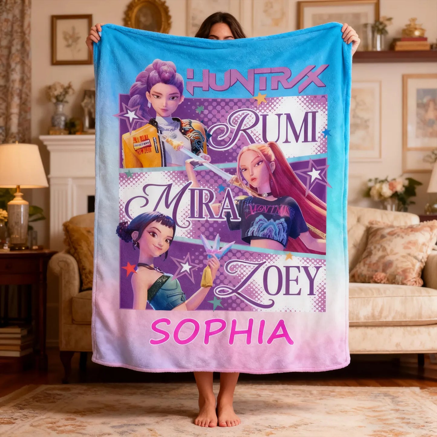 Personalized Fantasy Anime Girls Blanket – Custom Name Demon Hunter Style Flannel Throw, Cozy Winter Blanket for Kids & Teens
