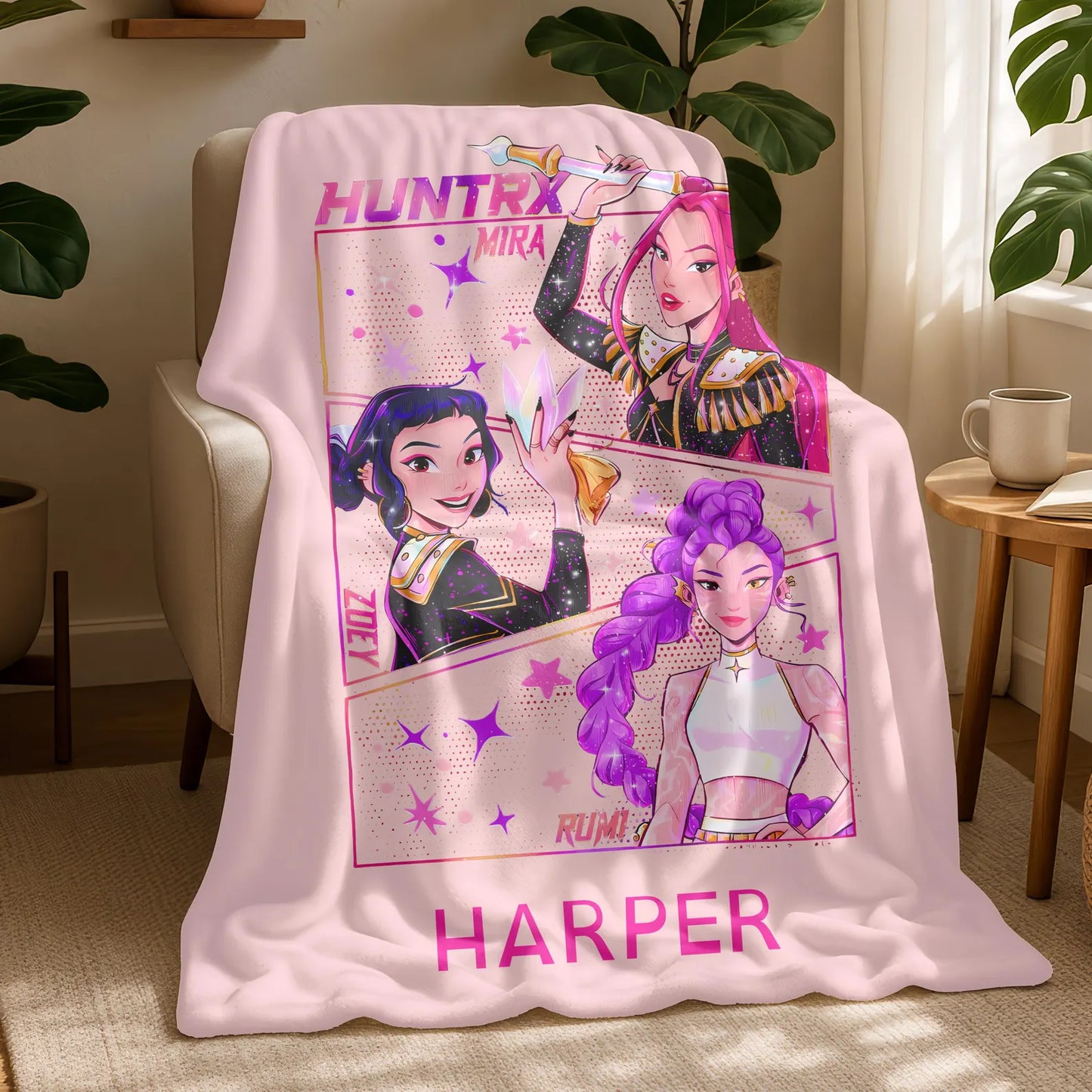 Personalized Fantasy Anime Girls Blanket – Custom Name Demon Hunter Style Flannel Throw, Cozy Winter Blanket for Kids & Teens