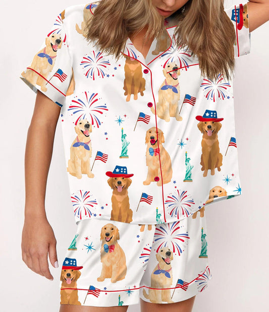 The USA 250th Anniversary Golden Retriever Pajamas – America Patriotic Silky Satin Dog Lover Sleepwear