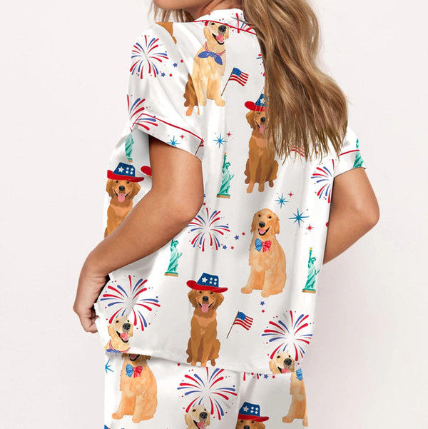 The USA 250th Anniversary Golden Retriever Pajamas – America Patriotic Silky Satin Dog Lover Sleepwear