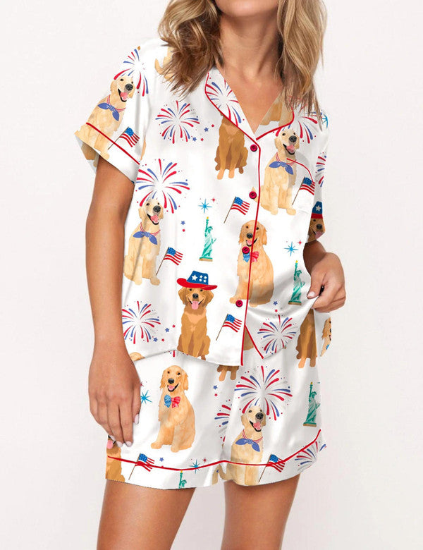 The USA 250th Anniversary Golden Retriever Pajamas – America Patriotic Silky Satin Dog Lover Sleepwear