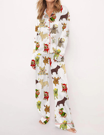Luxury Satin Pajama Set - Cute French Bulldog Dog Lover Sleepwear Loungewear Gift