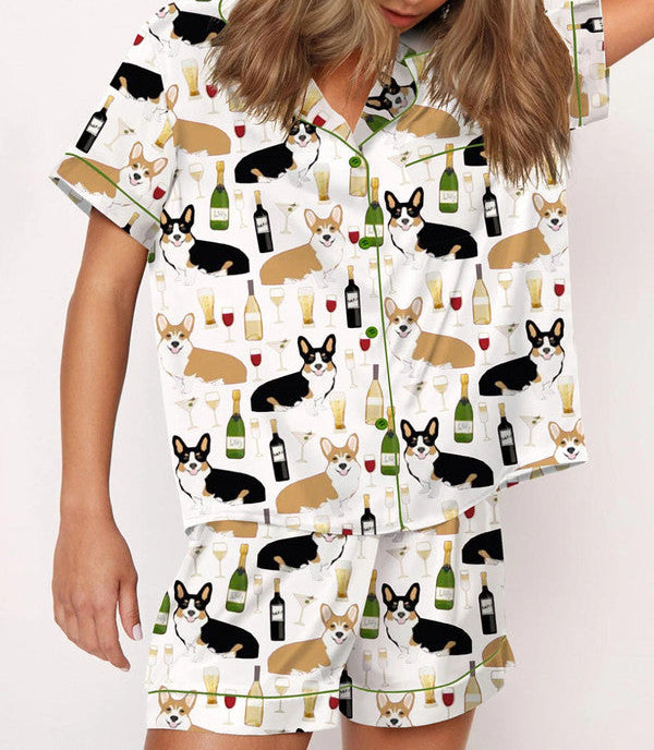 Luxury Satin Pajama Set - Cute Corgi And Wine Dog Mom Sleepwear Loungewear Gift
